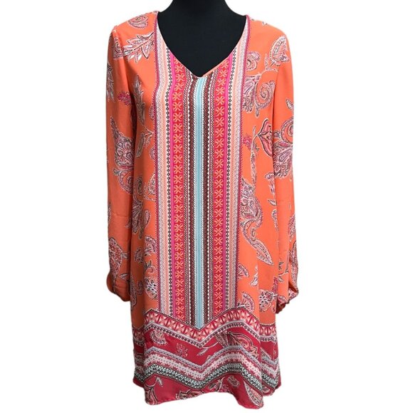 Cato Orange Floral Paisley Long Sleeve Women's Mini Dress - Size L - Picture 1 of 11